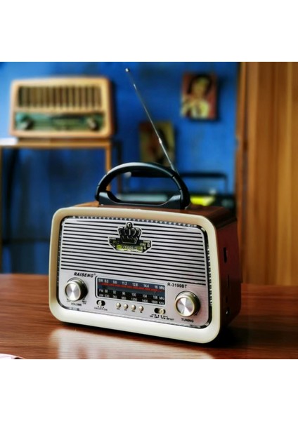 Bluetoothlu Eskitme Nostalji Tasarımlı Şarjlı Solar Panelli Radyo - Işıklı Nostalji Radyo