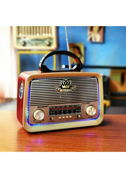 Bluetoothlu Eskitme Nostalji Tasarımlı Şarjlı Solar Panelli Radyo - Işıklı Nostalji Radyo