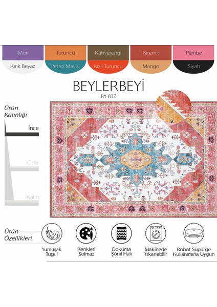 Beylerbeyi By 837 Pembe Halı Etnik Desenli Otantik Ev Salon Halısı Yıkanabilir Dokuma Şönil Halı fiyatları