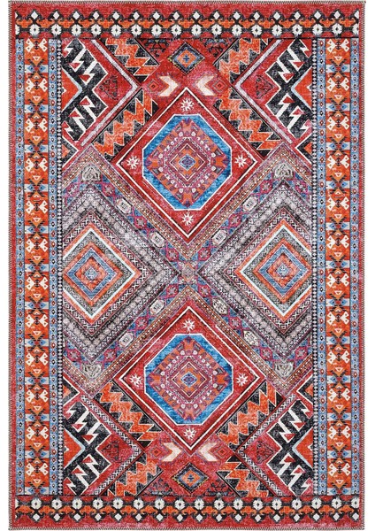 Beylerbeyi By 809 Kırmızı Vintage Halı Ev Oda Salon Halısı Yıkanabilir Eskitme Dokuma Şönil Halı