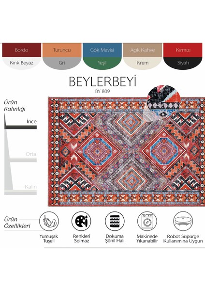 Beylerbeyi By 809 Kırmızı Vintage Halı Ev Oda Salon Halısı Yıkanabilir Eskitme Dokuma Şönil Halı fiyatları