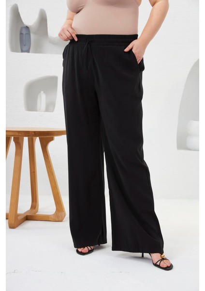 Beli Lastikli Geniş Paça Büyük Beden Pantolon Siyah