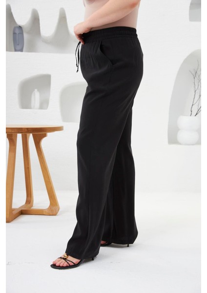Beli Lastikli Geniş Paça Büyük Beden Pantolon Siyah