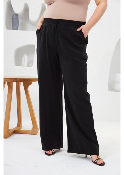 Beli Lastikli Geniş Paça Büyük Beden Pantolon Siyah