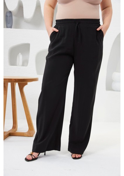 Beli Lastikli Geniş Paça Büyük Beden Pantolon Siyah
