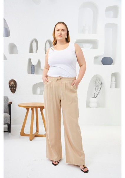 Beli Lastikli Geniş Paça Büyük Beden Pantolon Krem