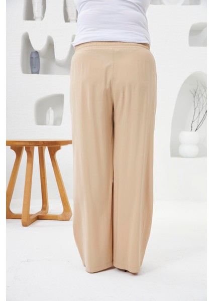 Beli Lastikli Geniş Paça Büyük Beden Pantolon Krem