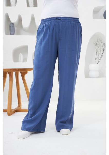 Beli Lastikli Geniş Paça Büyük Beden Pantolon Indigo