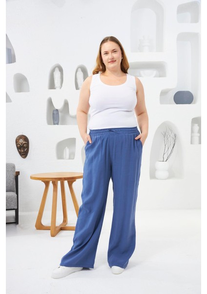 Beli Lastikli Geniş Paça Büyük Beden Pantolon Indigo fırsatları