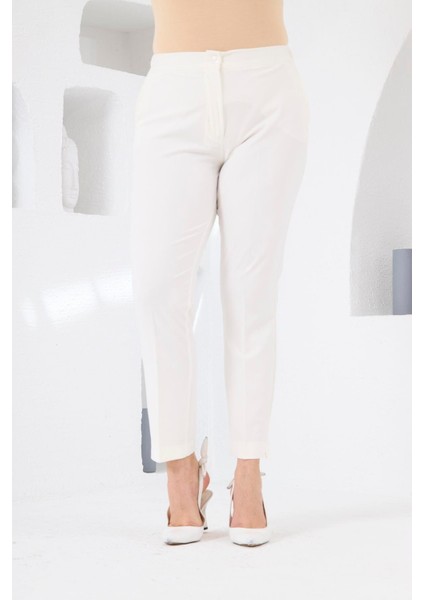 Bel Lastikli Paça Mini Yırtmaçlı Büyük Beden Ekru Kumaş Pantolon