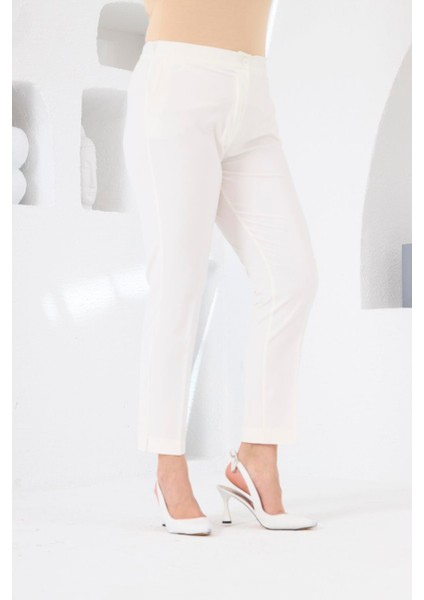 Bel Lastikli Paça Mini Yırtmaçlı Büyük Beden Ekru Kumaş Pantolon fiyatları