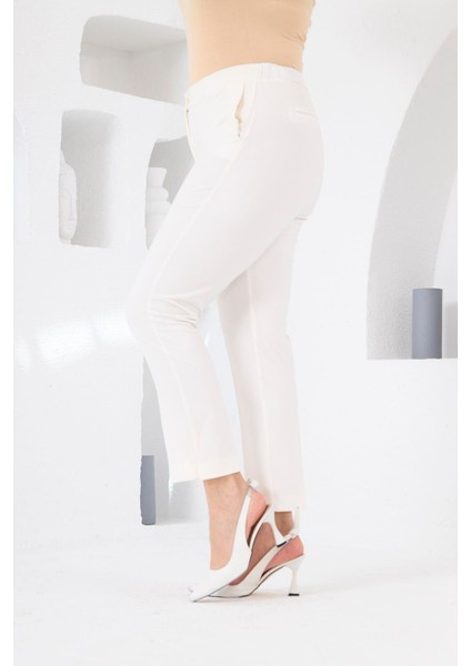 Bel Lastikli Paça Mini Yırtmaçlı Büyük Beden Ekru Kumaş Pantolon modelleri