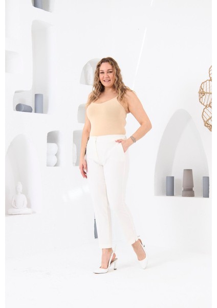 Bel Lastikli Paça Mini Yırtmaçlı Büyük Beden Ekru Kumaş Pantolon fırsatları