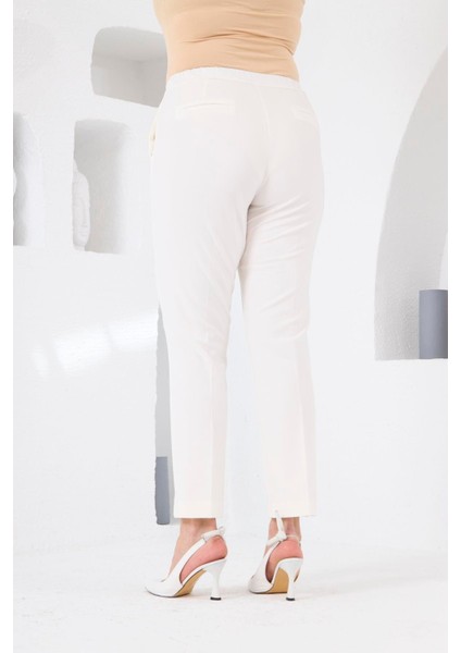 Bel Lastikli Paça Mini Yırtmaçlı Büyük Beden Ekru Kumaş Pantolon indirimleri