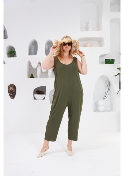 Cep Detaylı Büyük Beden Tulum Haki