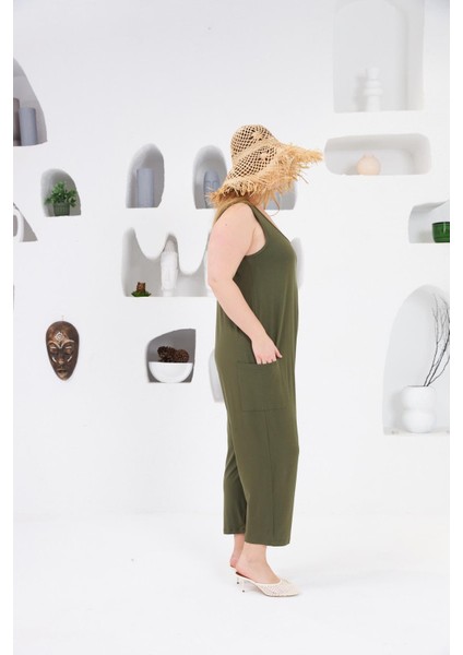 Cep Detaylı Büyük Beden Tulum Haki modelleri