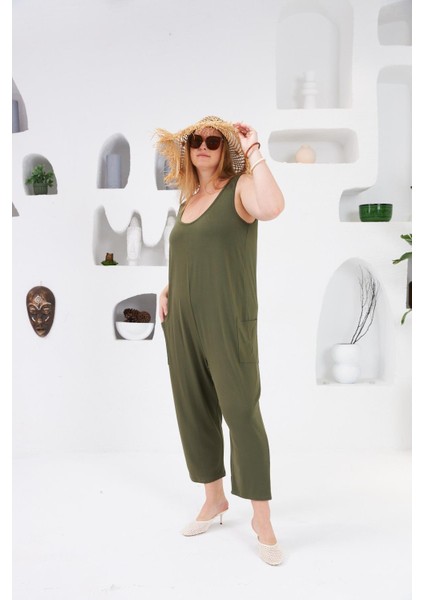 Cep Detaylı Büyük Beden Tulum Haki fırsatları