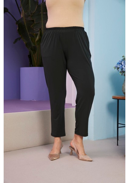 Beli Lastikli Boru Paça Büyük Beden Haki Pantolon