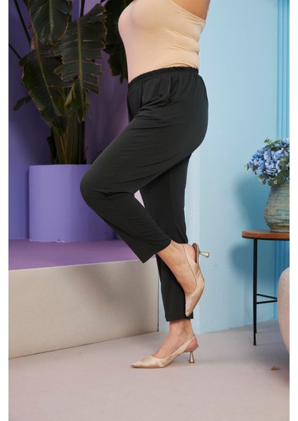 Beli Lastikli Boru Paça Büyük Beden Haki Pantolon modelleri