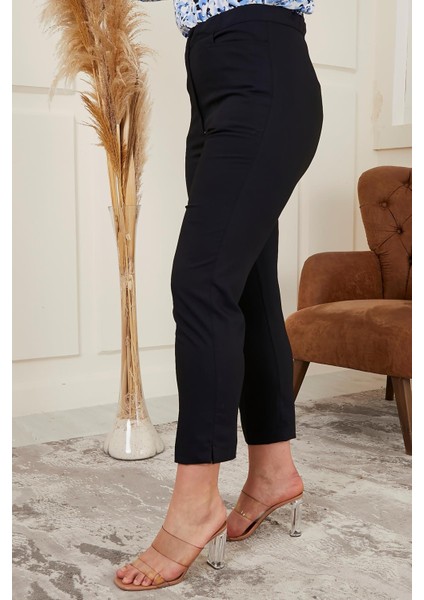 Bilek Yırtmaç Detaylı Büyük Beden Lacivert Kumaş Pantolon modelleri