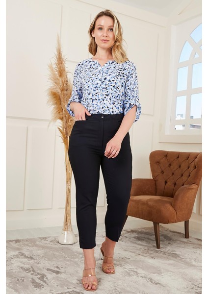 Bilek Yırtmaç Detaylı Büyük Beden Lacivert Kumaş Pantolon indirimleri