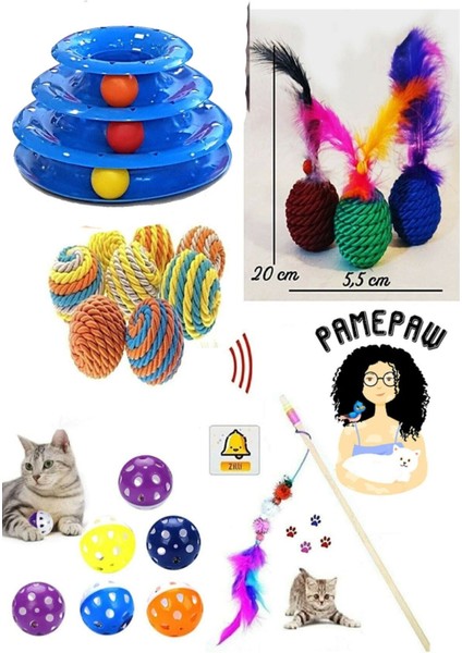 Luxury 5' Li Kedi Oyuncağı Set:kedi Oltası,hacıyatmazlı 3katlı Oyuncak ,tüylü Top,sarma Top, Çıngıraklı Top 1 Adet