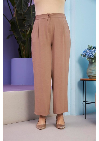 Beli Lastikli Büyük Beden Aerobin Vizon Geniş Paça Pantolon
