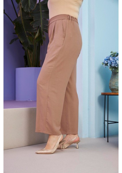 Beli Lastikli Büyük Beden Aerobin Vizon Geniş Paça Pantolon modelleri