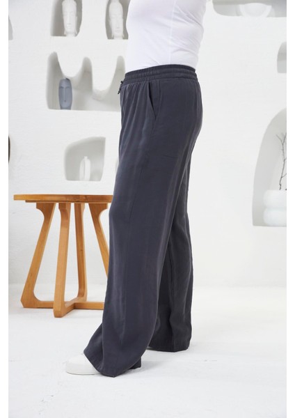Beli Lastikli Geniş Paça Büyük Beden Pantolon Füme