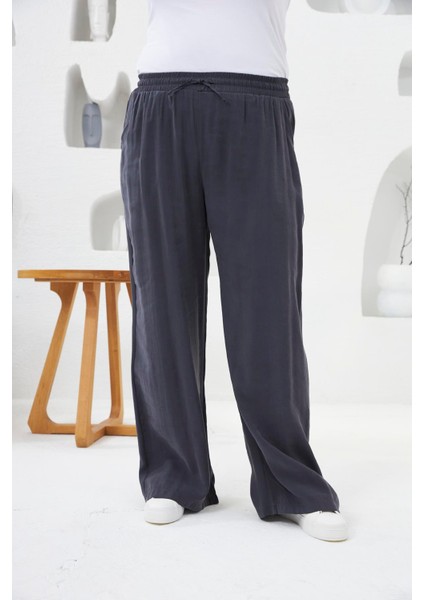 Beli Lastikli Geniş Paça Büyük Beden Pantolon Füme