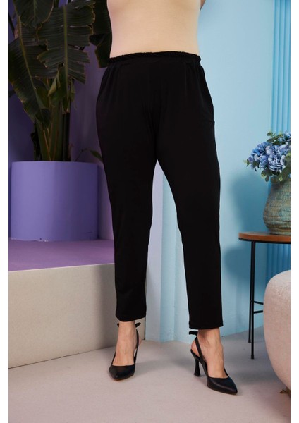 Beli Lastikli Boru Paça Büyük Beden Siyah Pantolon
