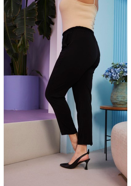 Beli Lastikli Boru Paça Büyük Beden Siyah Pantolon modelleri