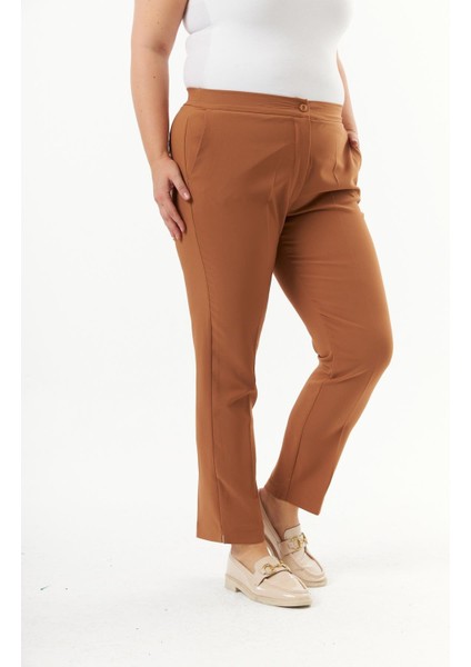 Beli Lastikli Paça Yırtmaç Detaylı Büyük Beden Kumaş Pantolon Camel fiyatları