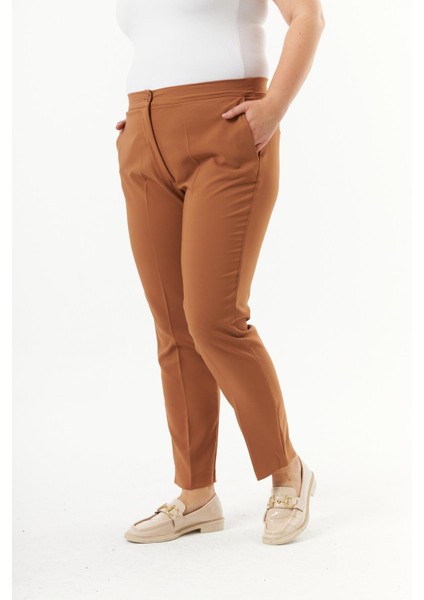 Beli Lastikli Paça Yırtmaç Detaylı Büyük Beden Kumaş Pantolon Camel modelleri