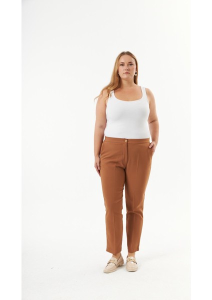 Beli Lastikli Paça Yırtmaç Detaylı Büyük Beden Kumaş Pantolon Camel fırsatları