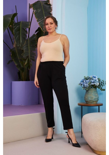 Beli Lastikli Boru Paça Büyük Beden Siyah Pantolon indirimleri