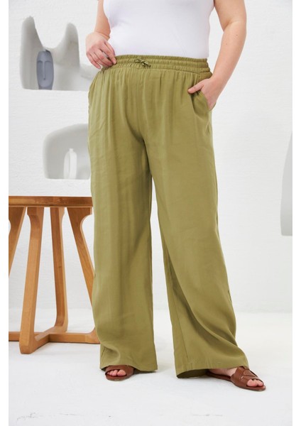 Beli Lastikli Geniş Paça Büyük Beden Pantolon Oliv