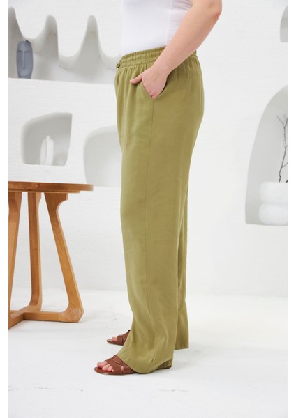 Beli Lastikli Geniş Paça Büyük Beden Pantolon Oliv