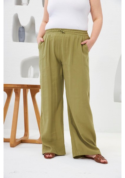 Beli Lastikli Geniş Paça Büyük Beden Pantolon Oliv