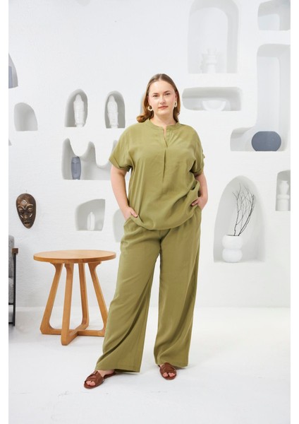 Beli Lastikli Geniş Paça Büyük Beden Pantolon Oliv
