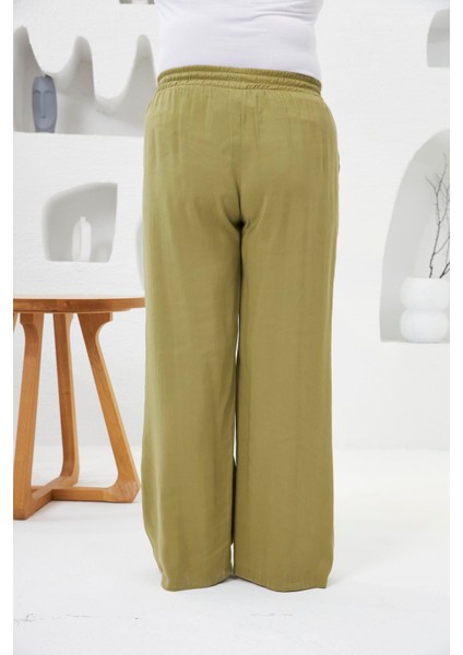 Beli Lastikli Geniş Paça Büyük Beden Pantolon Oliv