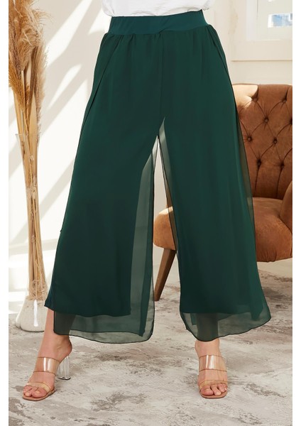 Beli Lastikli Büyük Beden Zümrüt Şifon Pantolon