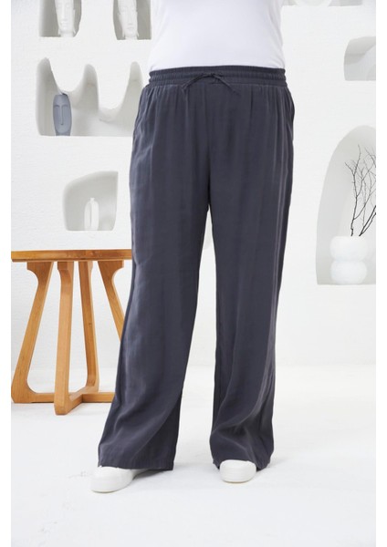 Beli Lastikli Geniş Paça Büyük Beden Pantolon Füme