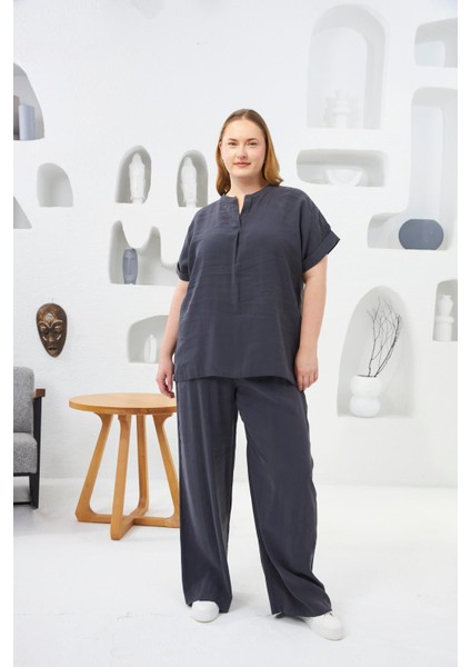 Beli Lastikli Geniş Paça Büyük Beden Pantolon Füme fırsatları