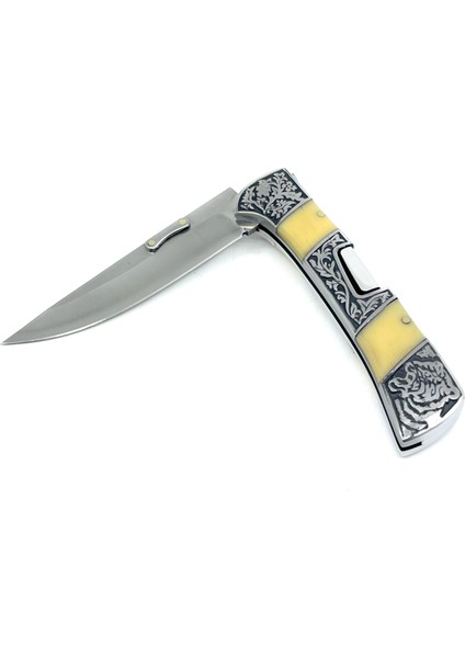 Reçine Kabzeli Kaplan Işlemeli Katlanabilir Çakı - Krem modelleri