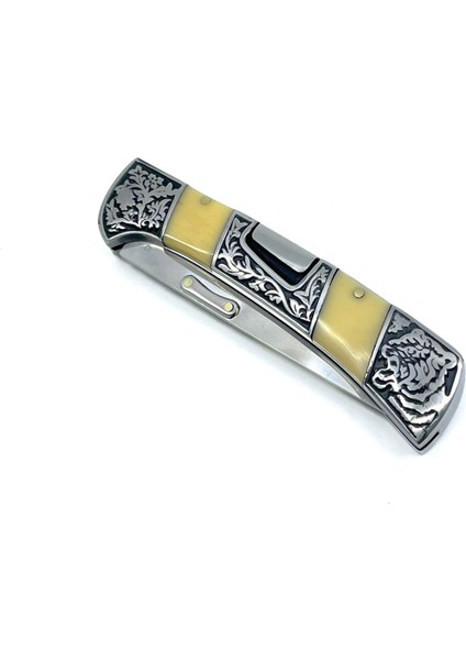 Reçine Kabzeli Kaplan Işlemeli Katlanabilir Çakı - Krem fırsatları