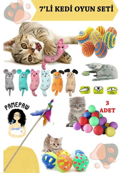 7'li Set : Kedi Nanesi Kokulu Peluş Oyuncak , Sarma Top , Olta , 3'lü Mini Top , Çıngıraklı Top 1 Adet