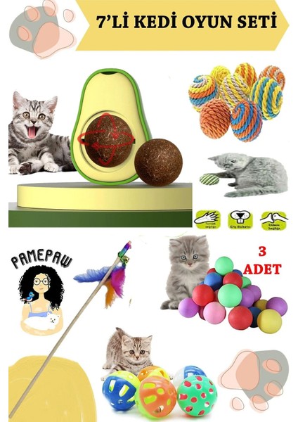 7'li Set : Yapışkanlı Kedi Çimi Avokado Catnip , Sarma Top , Olta , 3'lü Mini Top , Çıngıraklı Top 1 Adet