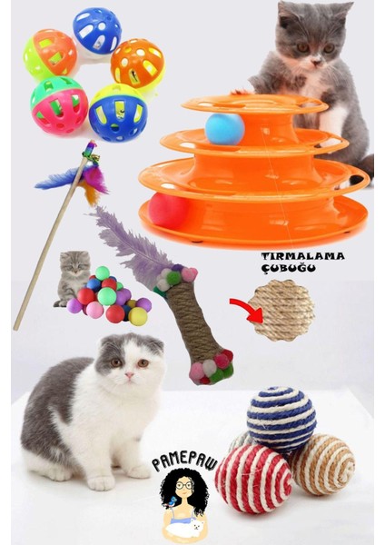8'li Set: Sarma Topu+3'lü Renkli Top+ Tırmalama Çubuğu + Kedi Oltası+3 Katlı Oyuncak +Çıngıraklı Top 1 Adet