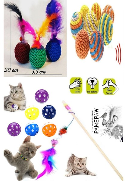 4'lü Set: Ip Sarma Topu Çıngıraklı Kedi Oyun Topu Tüylü Kedi Oltası Kedi Oyuncağı 1 Adet